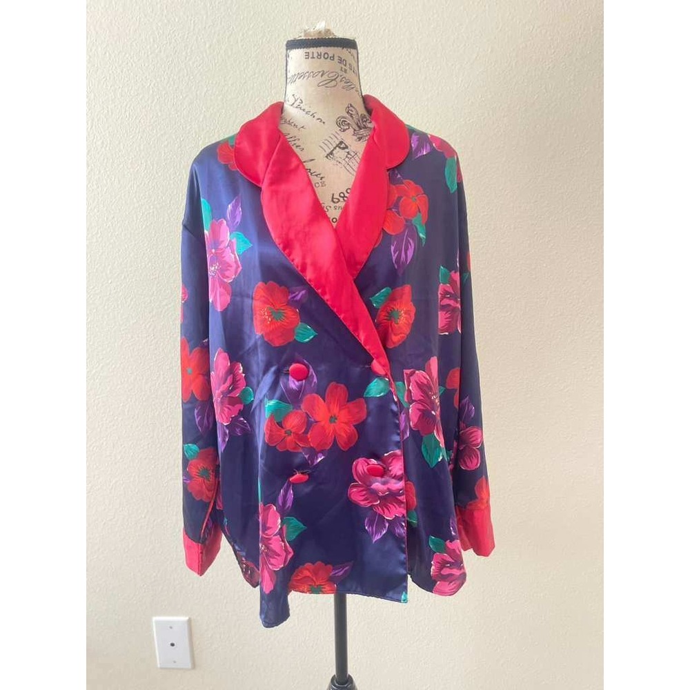 Tesoro Womens Vintage Floral Satin Pajama Top Navy Blue Red Shawl Collar Size‎ S